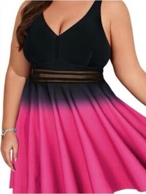 Hanna Nikole Plus Size Swimdress Top NWT 20W Black Pink Ombré